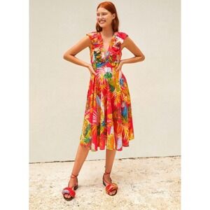 Farm Rio Tropical Jungle Midi Dress Medium Pink Ruffle V-Neck Fit & Flare Summer